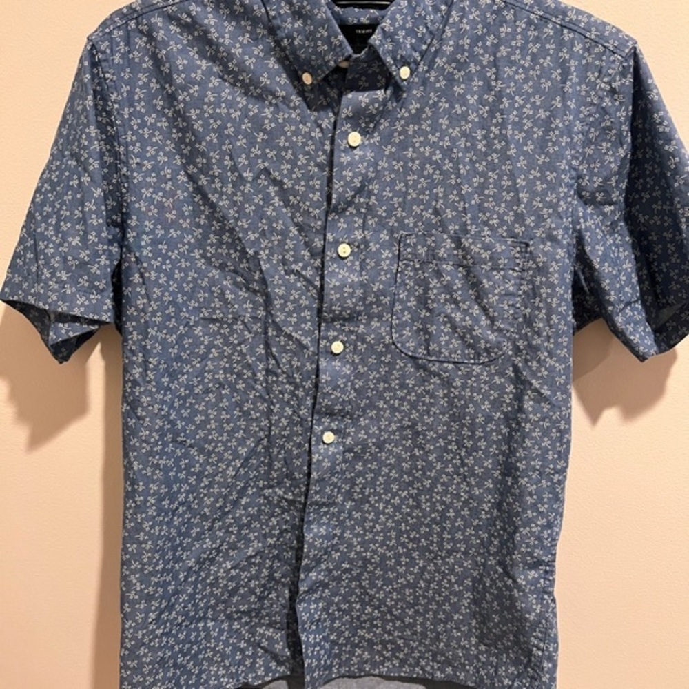 Blue Casual Short Sleeved Mens Button Down